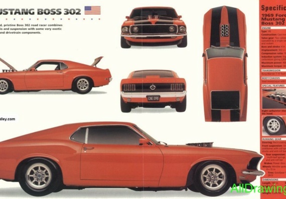 Ford Mustang Boss 302 (1969) (Ford Mustang Boss 302 (1969)) - drawings (drawings) of the car